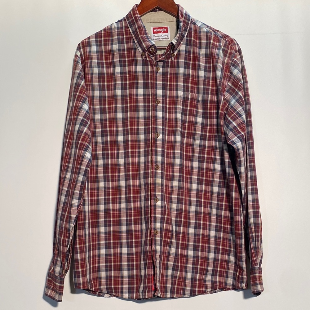 Wrangler Men's Casual Maroon and Blue Plaid Shirt